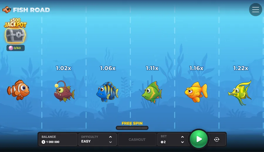 Fish Road base board on Easy mode, a lane of fish with rising multipliers and the bottom bet controls