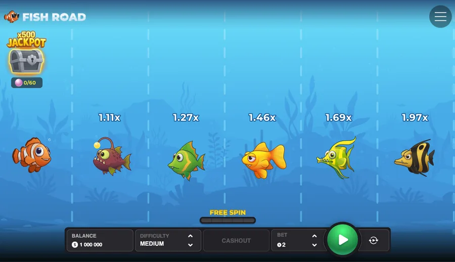 Fish Road Medium board showing higher step multipliers along an underwater lane