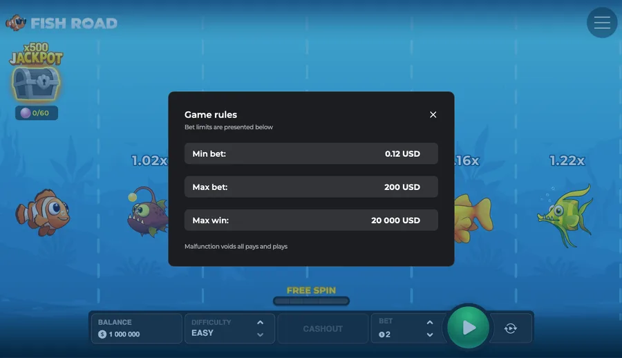 Fish Road in-game Game Rules panel showing minimum bet 0.12 USD, maximum bet 200 USD and maximum win 20,000 USD