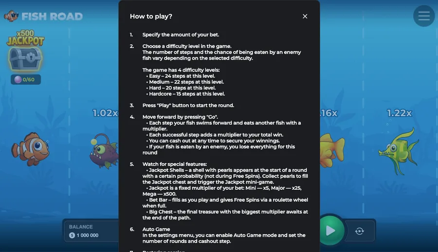 Fish Road in-game How to play panel listing the four difficulty levels, Jackpot Shells tiers, the Bet Bar Free Spins trigger, Big Chest and Auto Game