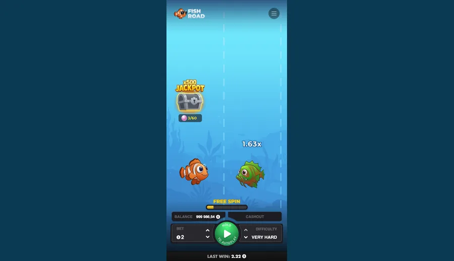 Fish Road działający w przeglądarce mobilnej w orientacji pionowej, pokazujący pionowy pas ryby, sterowanie HOLD TO AUTOPLAY i odczyt LAST WIN