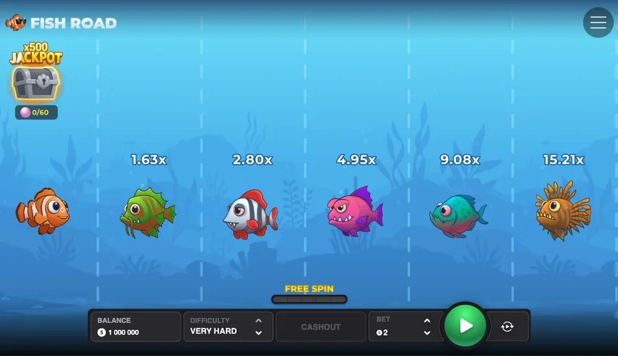 Fish Road Hardcore board with the steepest multipliers and predator fish visible