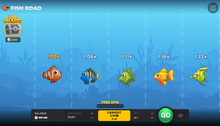 Fish Road round in progress, clownfish on the first step with the live CASHOUT figure showing
