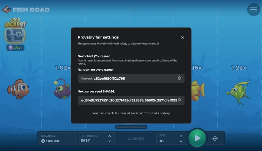 Fish Road in-game Provably Fair panel showing the client seed and the next server seed as a SHA-256 hash with a check fairness option